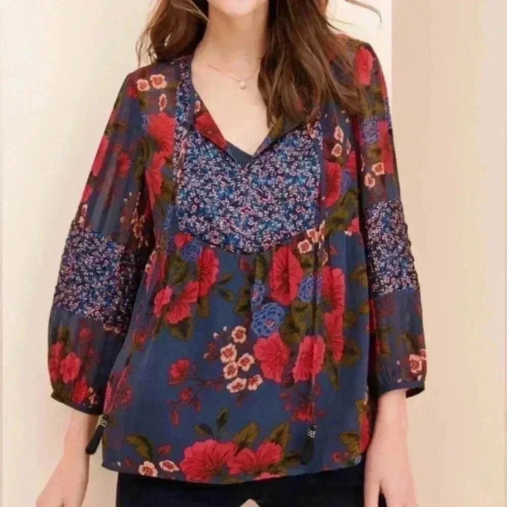 Daniel Rainn | Boho Floral Peasant Blouse, Mixed Materials with Tassels